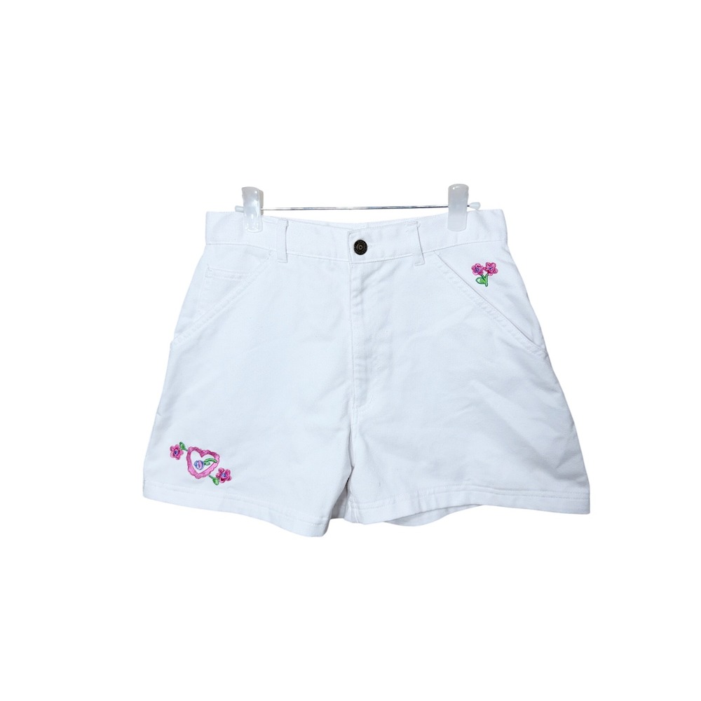 Gitano Girls 14 White Denim Shorts High Waisted Embroidered Floral Heart 90s VTG